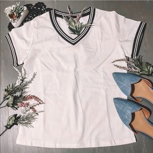 White Tee w/ Striped Neckline